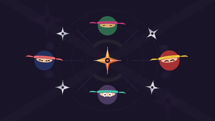 Cute Ninja Characters and Shuriken Stars Spinning in a Circle on Dark Background