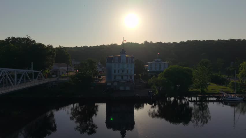 Summer aerial view of the Goodspeed Opera House in East Haddam, Connecticut just after the sun rise