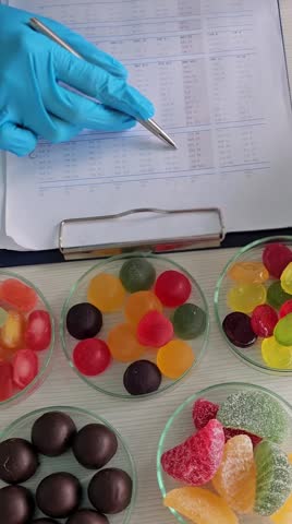 In a workspace, a person sorts different types of candies, including gummy and chocolate options. They use a pen and a list to organize the candies for easier tracking.