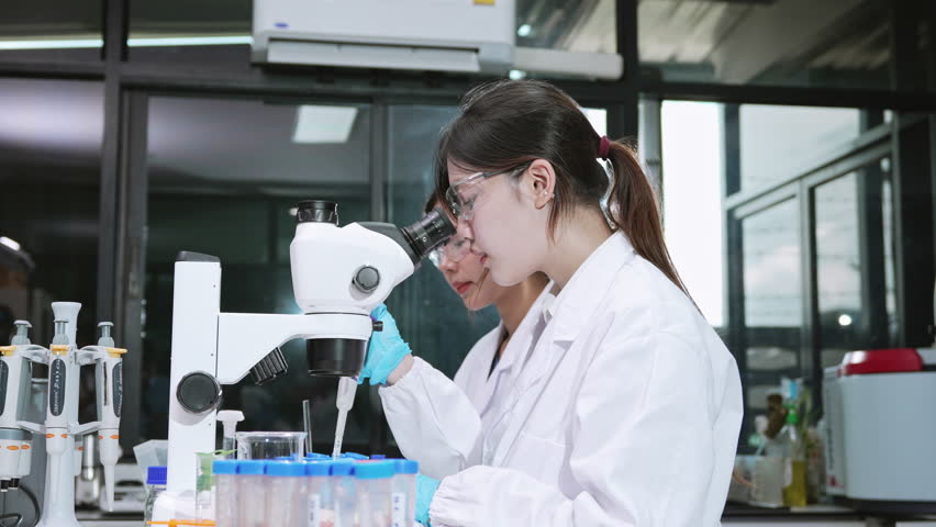 Focused Asian female scientist looking through microscope and pipetting liquid in cleanroom laboratory for eco-friendly biotechnology, botany agriculture, and sustainable development.