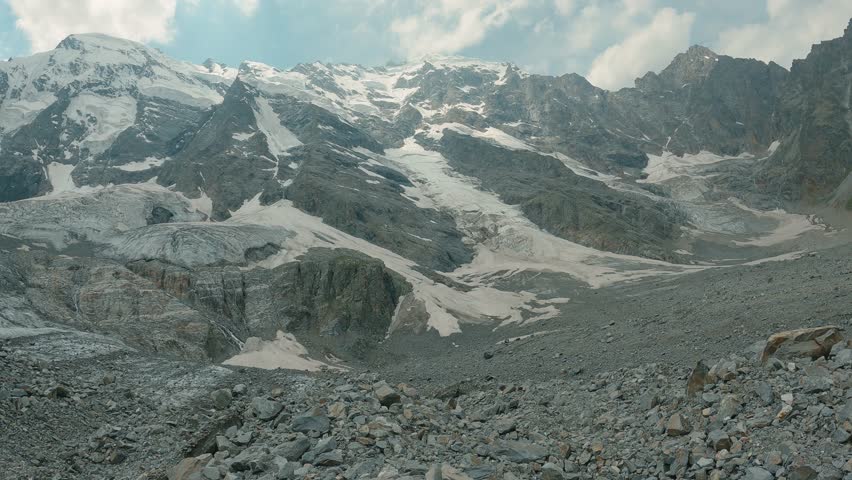 Rugged alpine landscape featuring snow capped peaks, glacier formations, rocky foreground under partly cloudy sky. Cool tones dominate with gray rock, white snow, blue sky