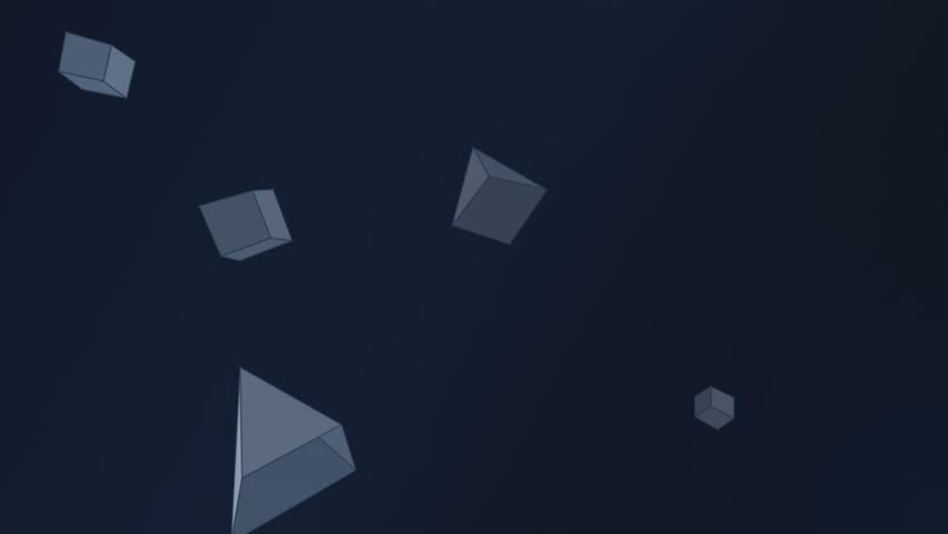 Slowly rotating cubes and pyramids moving through void. Cinematic motion graphics with clean lines and subtle lighting.
