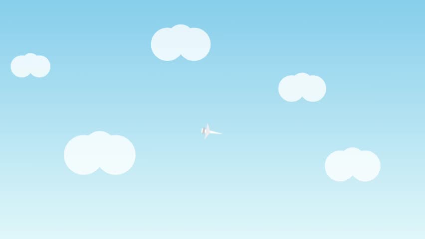 A cartoon airplane flies through a clear blue sky with fluffy white clouds scattered across it