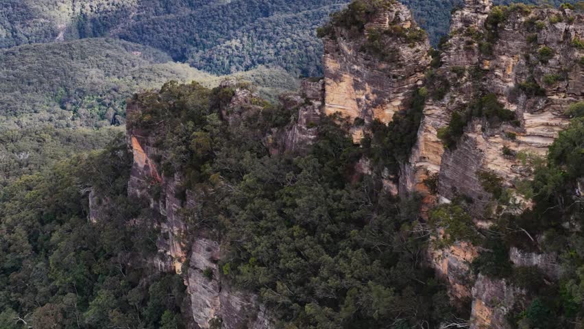 Static wide shot of Three Sisters sandstone cliffs and eucalyptus forest in Katoomba, Australia.