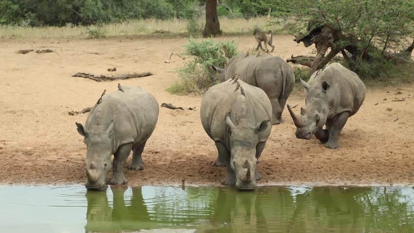 Wide shot of a crash of white rhinos drinking at a waterhole while a Chacma baboon is walking in the background, Mkhuze Game Reserve.