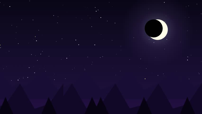 Minimalist flat illustration of a solar eclipse shining over geometric mountains under a starry night sky.