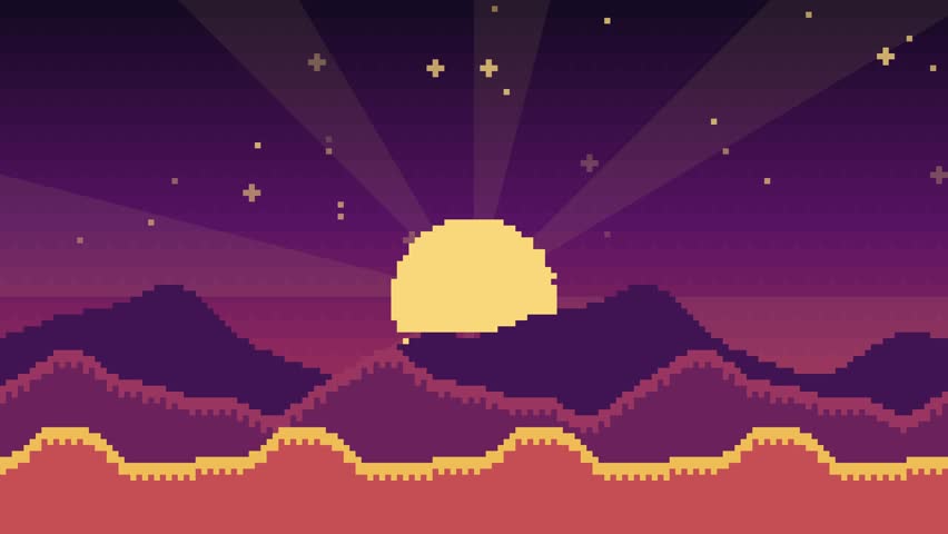Retro pixel art mountain landscape at sunset with glowing sun rays and starry night sky.
