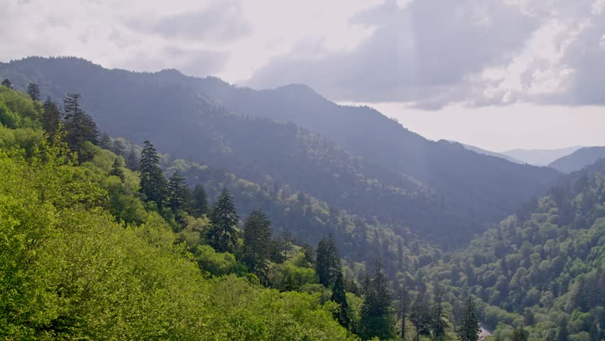 Great Smoky Mountains National Park green mountains in summer with slow pan left to right.