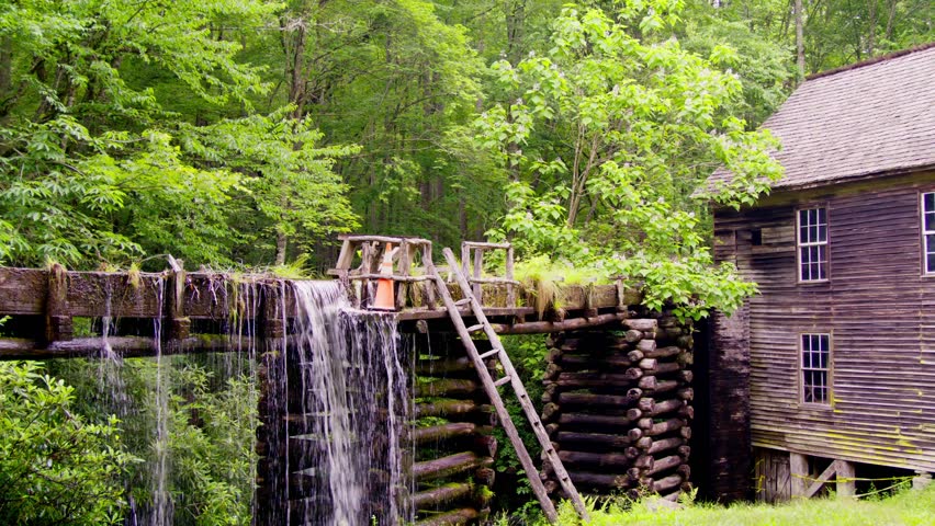 Mingus Mill in the Great Smoky Mountains National Park in the summer with pan left to right.