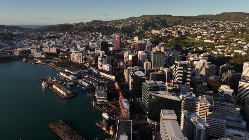 Orbit Shot Of Wellington City North Island Of New Zealand At Sunrise Time