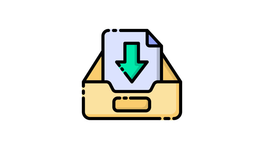 A flat design icon representing a download action with a document and arrow inside an inbox tray.