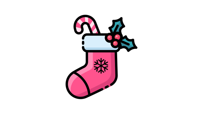 A festive pink Christmas stocking adorned with a snowflake, candy cane, and holly leaves, presented as a clean icon.