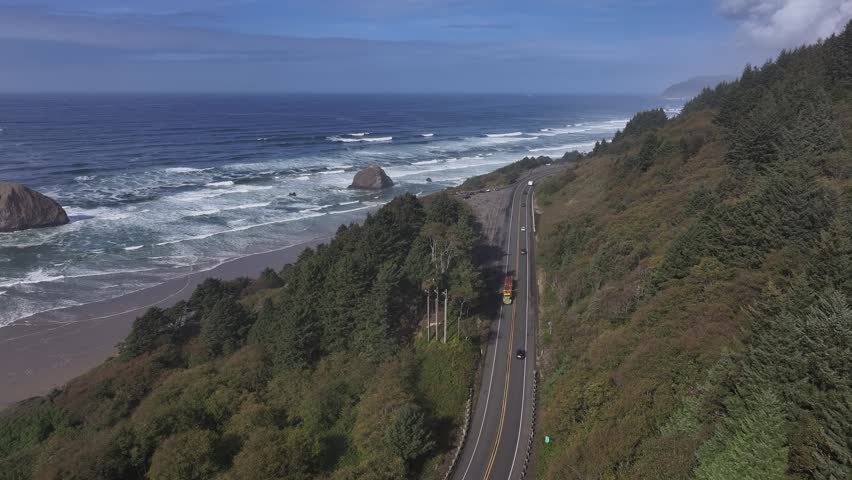 Aerial view of the coastline cliffs along the Pacific Highway in Oregon, USA