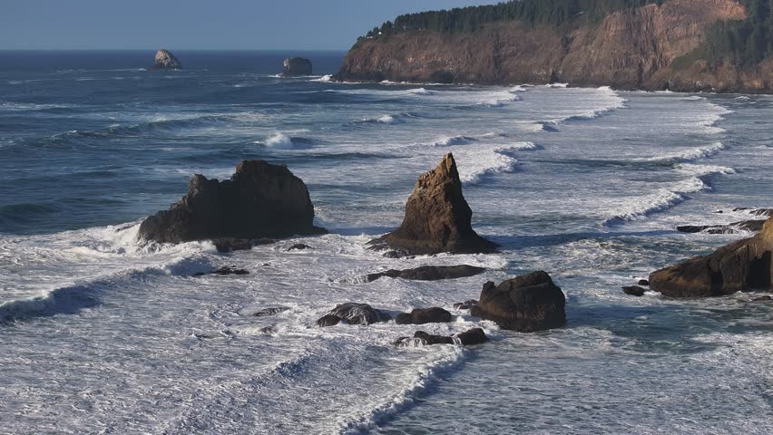 Aerial view of the natural scenery along the coastline of Oceanside Beach State Park in Oregon, USA