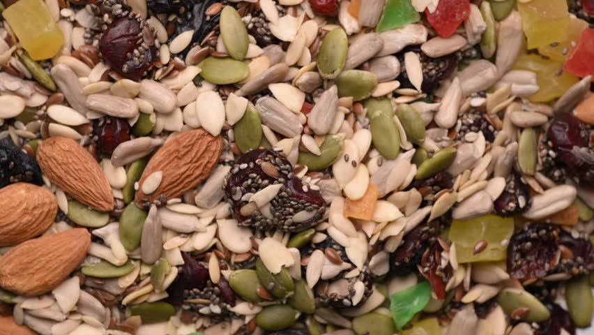 Rotating Premium Mixed Seeds Nuts and Dried Fruit Texture Top View Healthy Food Video