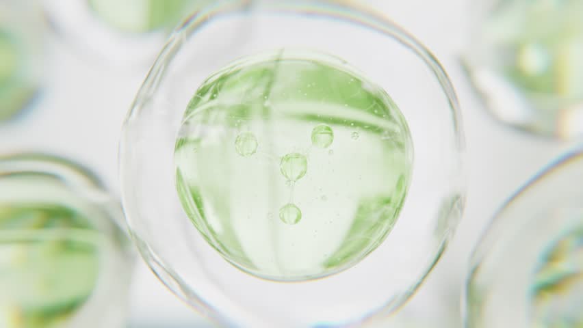 Cosmetics green serum liquid bubble 3d abstract background. Cosmetic moisturizer essence gel. Collagen fluid bubble molecule. Moisturizing cream or oil. Personal health care and beauty skin concept