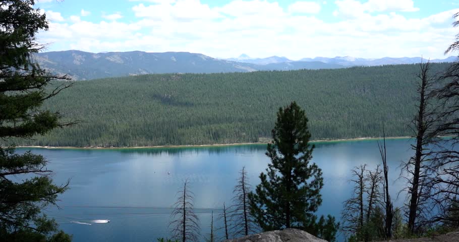 Boats on Redfish Lake in Idaho Sawtooth Mountain wilderness
