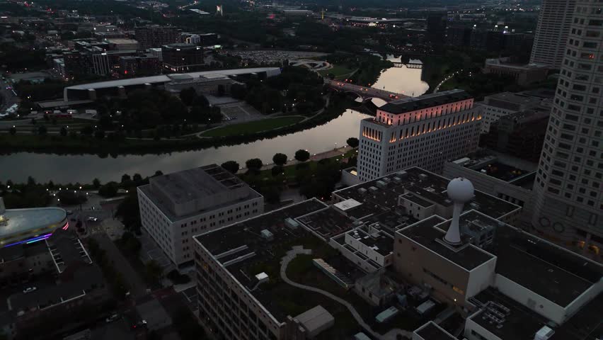 Scioto River, downtown Columbus, Ohio at Dusk, aerial drone