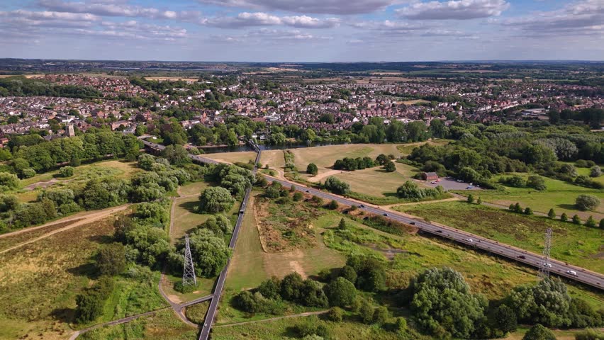 Aerial shot of Ferry Bridge and road leading to town