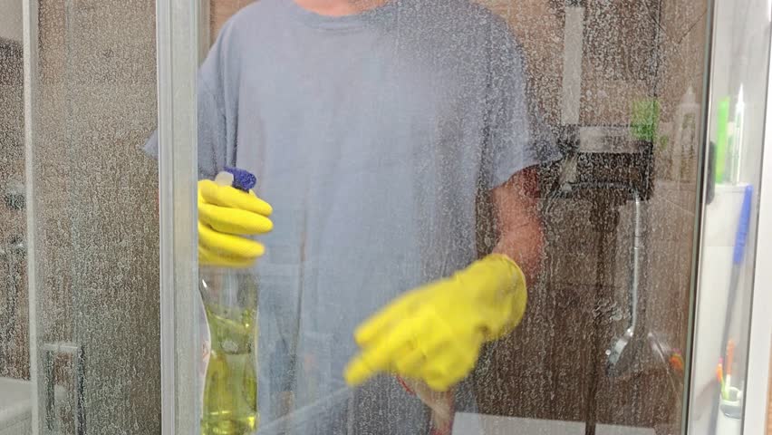 Young Caucasian man in yellow rubber gloves cleans a transparent glass shower stall with spray cleaner and cloth in a modern bathroom.