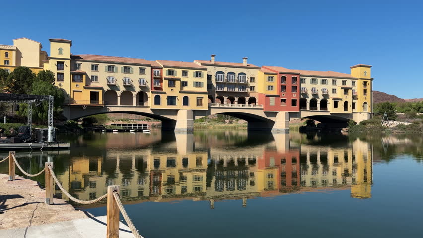 Italian Style Bridge Above Lake Las Vegas Water Reservoir on Sunny Day, Nevada USA