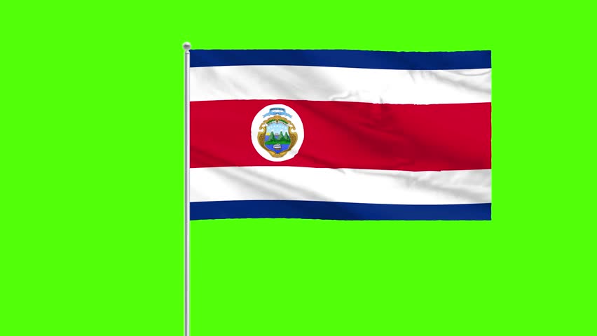 Realistic Costa Rica national flag waving on green screen with fabric movement isolated for chroma key editing video production broadcast overlays presentations travel themed animation seamless loop footage