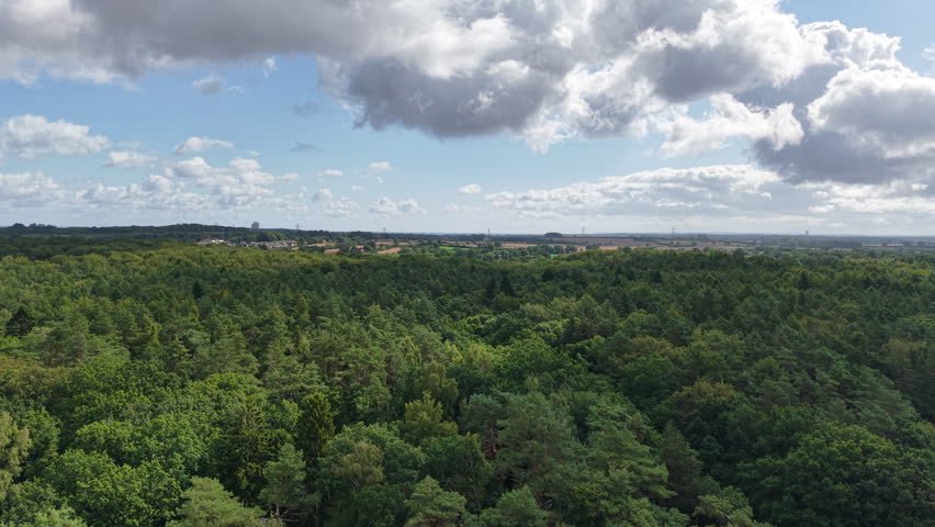 Time-lapse view of dramatic clouds drifting over a vast green forest landscape beneath a blue sky, capturing the beauty of nature, changing weather, and peaceful wilderness from above.
