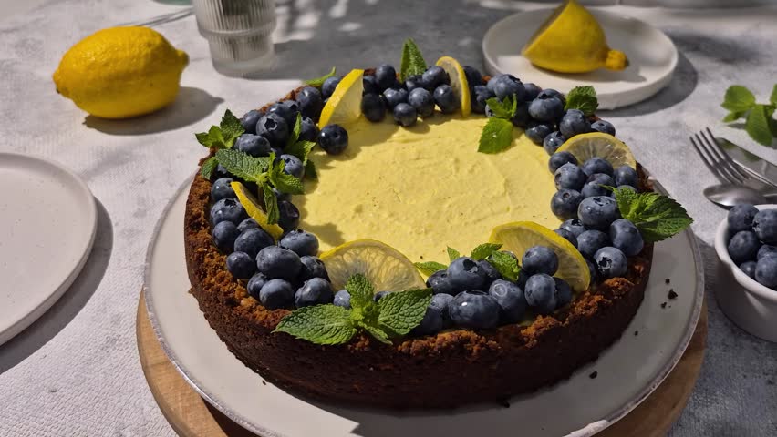 homemade lemon cheesecake topped with fresh blueberries, lemon slices and mint leaves, baked summer dessert under bright sunlight with harsh shadows