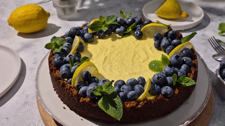 homemade lemon cheesecake topped with fresh blueberries, lemon slices and mint leaves, baked summer dessert under bright sunlight with harsh shadows