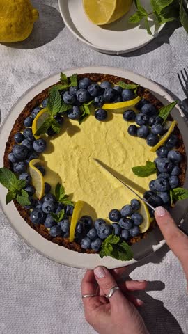 homemade lemon cheesecake topped with fresh blueberries, lemon slices and mint leaves, baked summer dessert under bright sunlight with harsh shadows