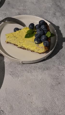 homemade lemon cheesecake topped with fresh blueberries, lemon slices and mint leaves, baked summer dessert under bright sunlight with harsh shadows