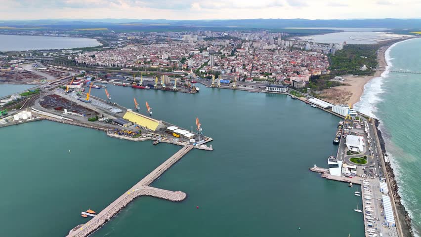 Aerial panoramic view of Burgas port and city skyline on the Black Sea coast in Bulgaria.