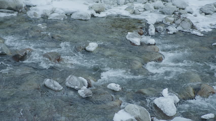 River water frozen ice rocks detail, static handheld shot. Close up of mountain stream flowing through cold stones covered in crystal winter glaze.