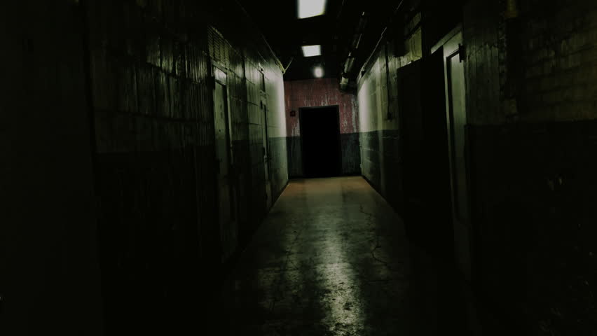 Walking Through Dark Abandoned Corridor with Flickering Lights and Bloody Door. Camera moves slowly forward down a dark, decaying hallway lined with weathered walls, closed doors, and dim overhead lights. The eerie, abandoned passage creates a tense, suspenseful atmosphere.