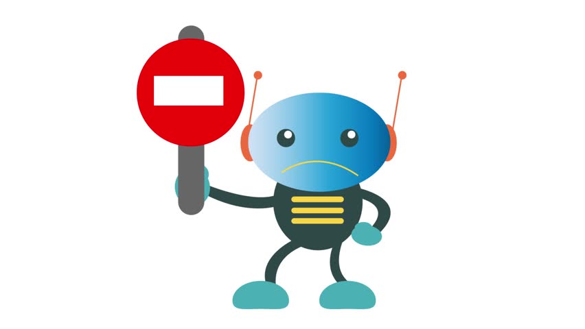 Cute Sad Robot Holding No Entry Sign Flat Cartoon Vector Illustration