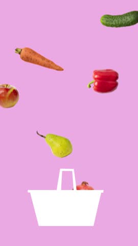 Animated fruits and vegetables falling into shopping basket on pink background. Concept of grocery delivery service, fresh produce advertising, colorful retail design.