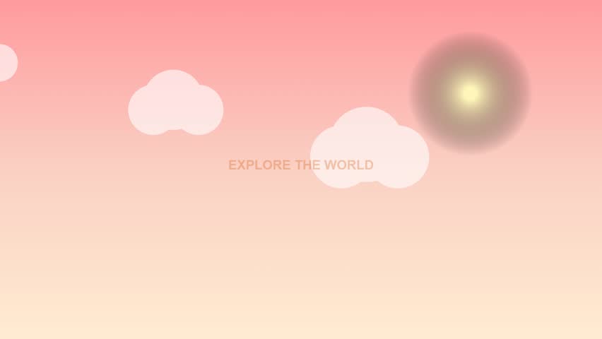 Animated vector illustration featuring soft pink gradient sky with fluffy white clouds and glowing sun. a flock of birds flies across the horizon while text reads explore the