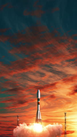 High-quality 3D animation of a Soyuz-ST rocket launching at sunrise with powerful engine flames, dense exhaust plume, and dramatic sky. Cinematic liftoff sequence showcasing reliable launch technology and the beginning of a space mission.