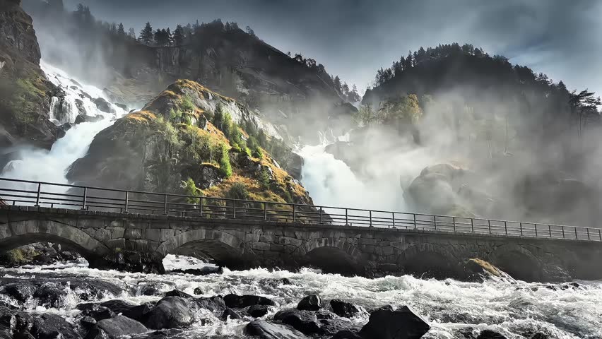Scenic mountain waterfall rushing through rocky cliffs behind a historic stone bridge surrounded by mist and forested hills. Powerful flowing water creates a dramatic natural landscape ideal for travel, tourism, environmental, adventure, and cinematic nature projects.