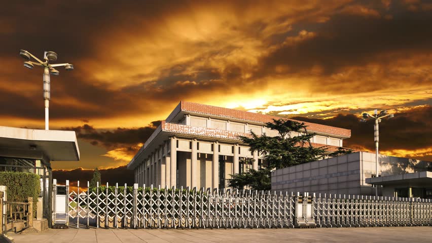 Mausoleum of Mao Zedong (against the sunset), Tiananmen Square, Beijing, China. 4K, time lapse 