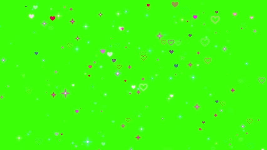 Colorful Heart Particles And Twinkling Sparkle Stars Falling Downward On A Solid Green Screen Background, Perfect Chroma Key Video Overlay For Romantic Wedding Videos, Anniversary Greetings, And Valen