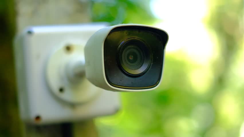 Close-up of a white outdoor security camera mounted on a wooden post. Background shows blurred green foliage and soft sunlight. Camera lens is centered, ready to record