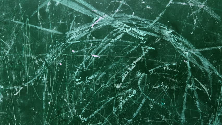 old green chalkboard covered with chalk marks, erased sketches, and scratches. The realistic classroom texture creates an authentic educational atmosphere representing school, teaching, learning, creativity, and knowledge. Perfect for educational videos, online courses, documentaries, presentations, university promotions, classroom materials, editorial projects, and commercial content. The gradual camera movement adds depth the timeless character of the well-used school blackboard.