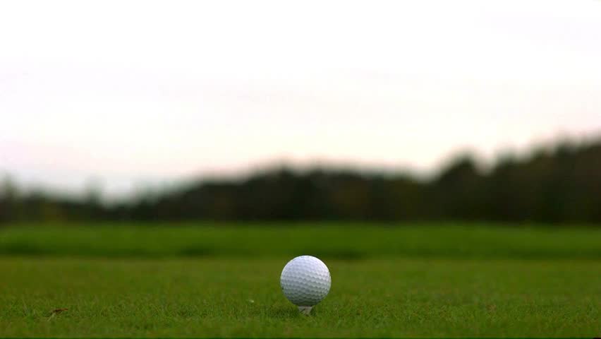 Close-up of white golf ball resting on lush green grass, set against a peaceful landscape with soft-focus trees. Ideal for golf enthusiasts and sports promotions.