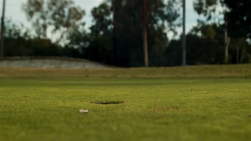Putting green viewed from ground level shows smooth grass and hole on a sunny day. Ideal setting for golf lovers and enthusiasts enjoying the outdoors.
