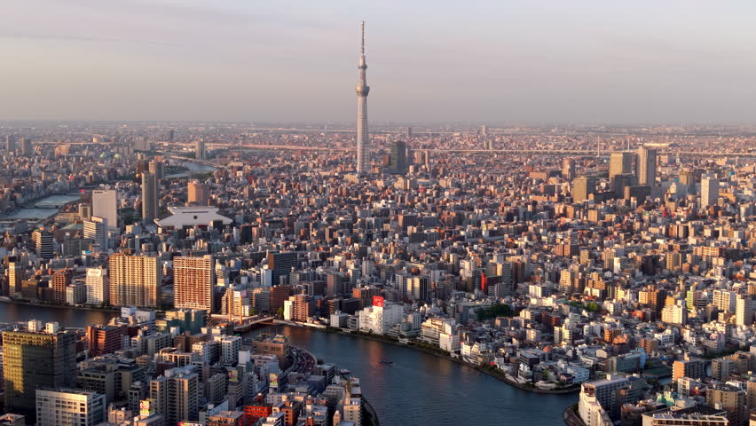 Aerial view of the Sumida River and Tokyo cityscape, Sumida Ward, Central Tokyo, Japan.