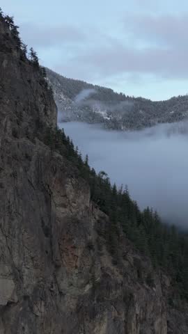 Majestic Foggy Mountain Valley in British Columbia, Canada, with Pine Forests and Rocky Cliffs