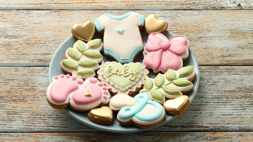 Baby shower. Woman taking cookies from plate at wooden table, closeup