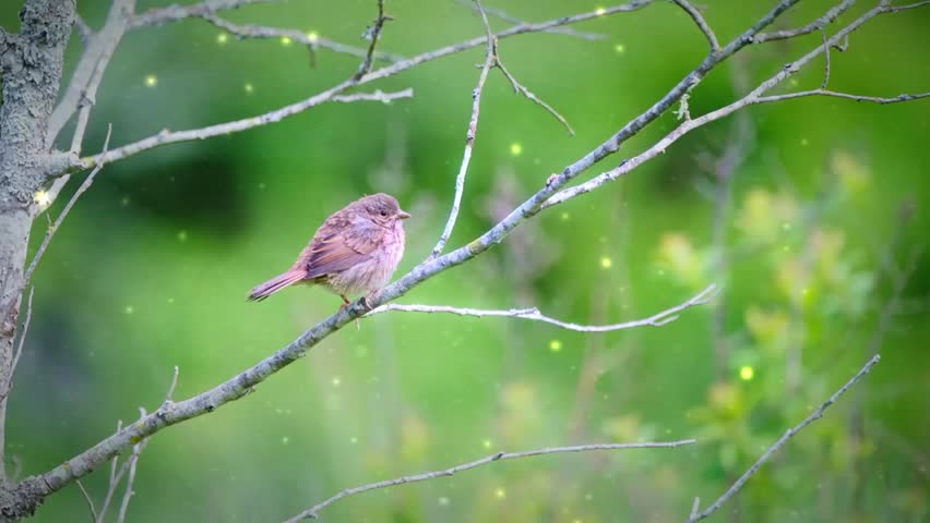 Small Brown Bird Perched on Tree Branch with Glowing Firefly Lights in Green Forest Background