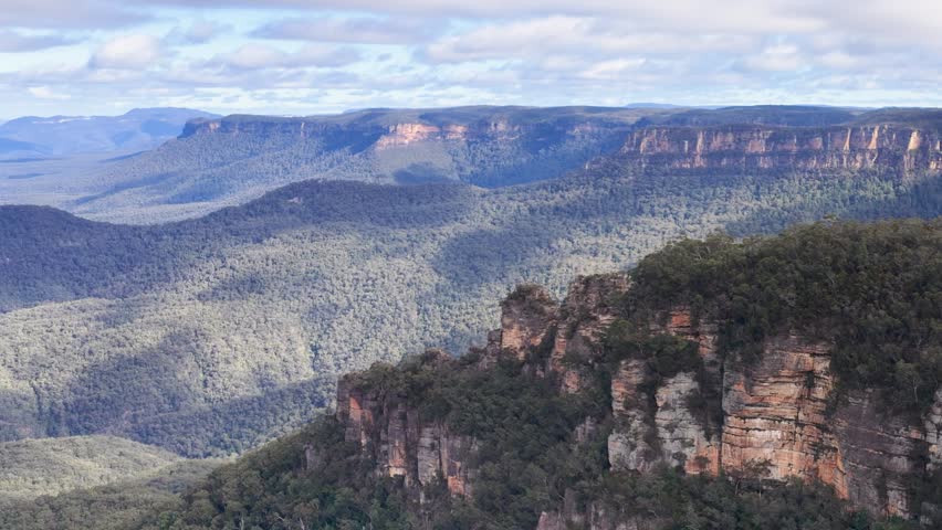 Wide landscape shot of Jamison Valley with sandstone cliffs and eucalyptus forest in Australia.
